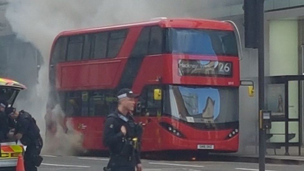 Double Decker Bus Catches Fire Near Liverpool Street Station Bbc News