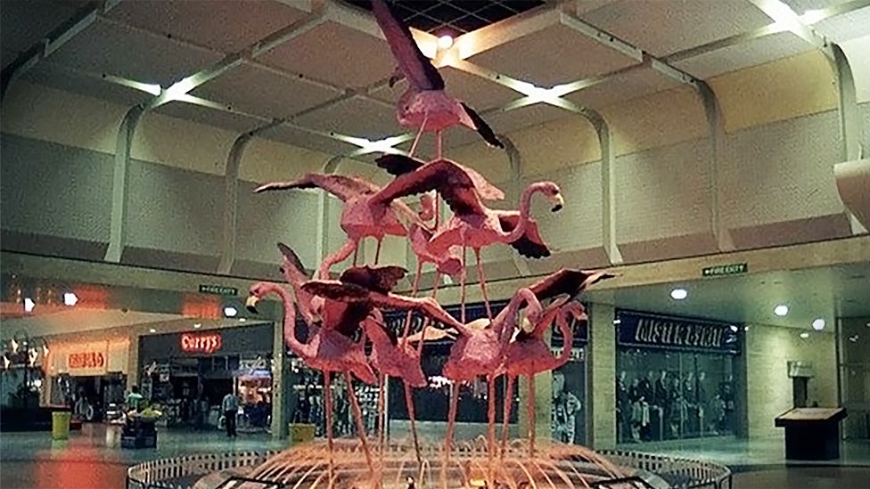 A flamingo fountain in the former Arndale shopping centre in Luton