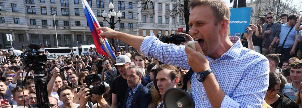 File photo taken on May 5, 2018 Russian opposition leader Alexei Navalny addressing supporters
