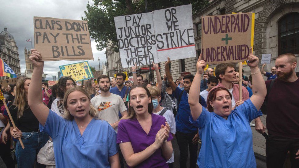 NHS workers protesting over pay in July 2022