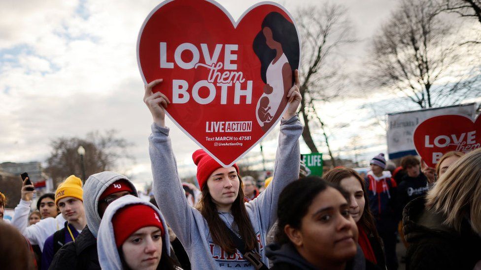 People march past the U.S. Supreme Court during the 50th annual March for Life rally on January 20, 2023 in Washington, DC