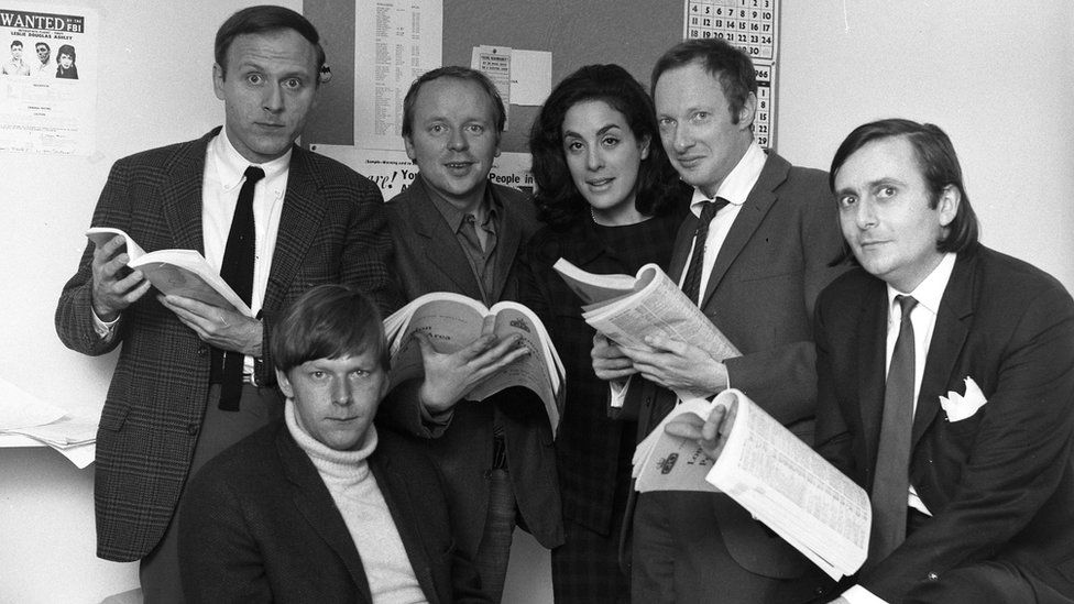 The cast of the BBC's The Late Show in 1966, left to right: Andrew Duncan, John Wells, John Bird, Eleanor Bron, Anthony Holland, Barry Humphries