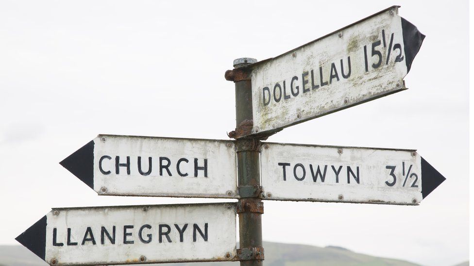 A signpost with different Welsh place names on