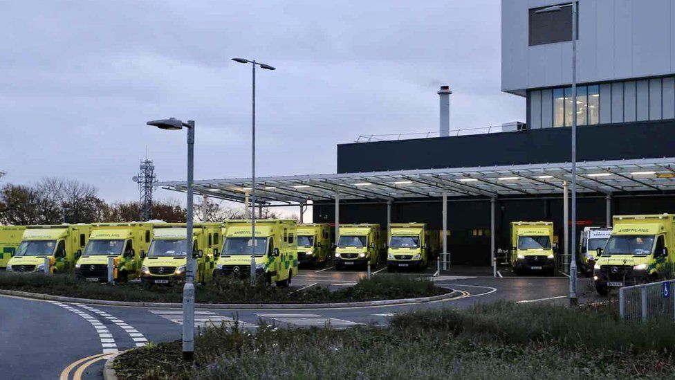 Ambulances waiting to offload patients at the Grange Hospital in Cwmbran