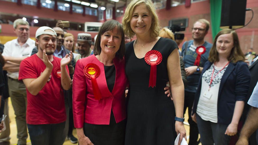 Labour MPs Jo Stevens and Anna McMorrin celebrate their wins