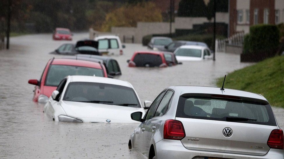 Cars submerged in flood water in Hartcliffe in Bristol in 2016