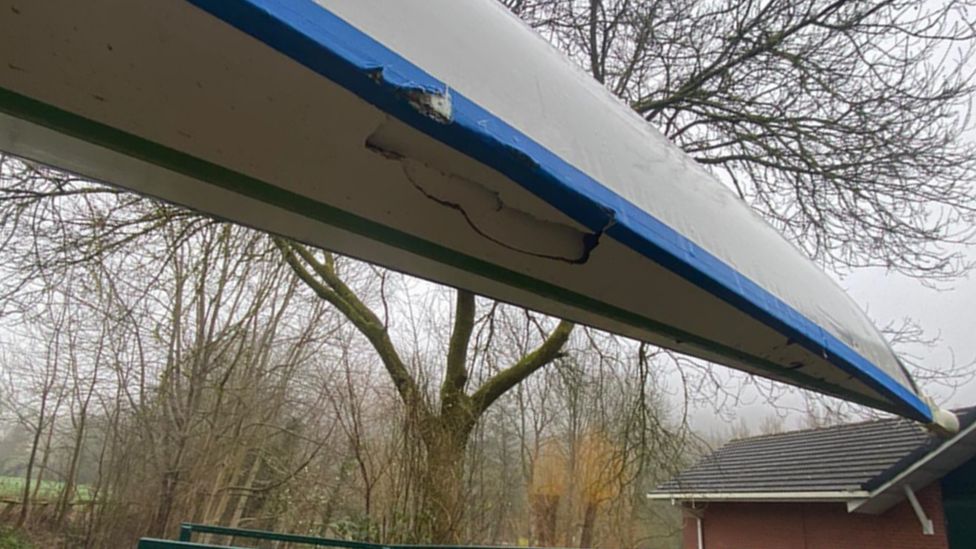 A damaged boat at Ironbridge Rowing Club