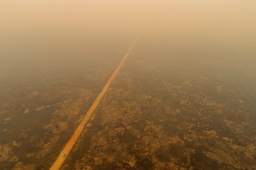 An aerial view of smoke over the Pantanal