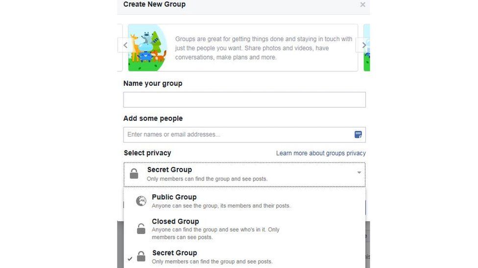 A screenshot of a group creation page on Facebook showing how to create a secret group