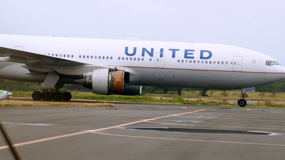 United Airlines flight N773 at Honolulu International Airport, Hawaii, after losing engine cowling during flight - 13 February 2018