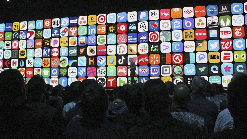 App icons are shown during the 2019 Apple Worldwide Developer Conference on June 3, 2019, in San Jose, California