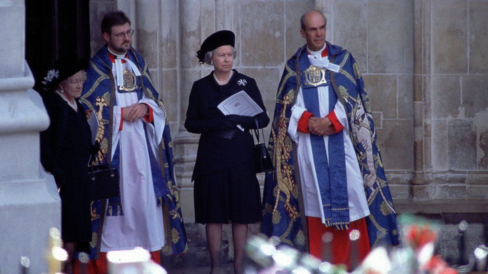 The Queen and Queen Mother at Diana's funeral at Westminster Abbey on 6 September 1997