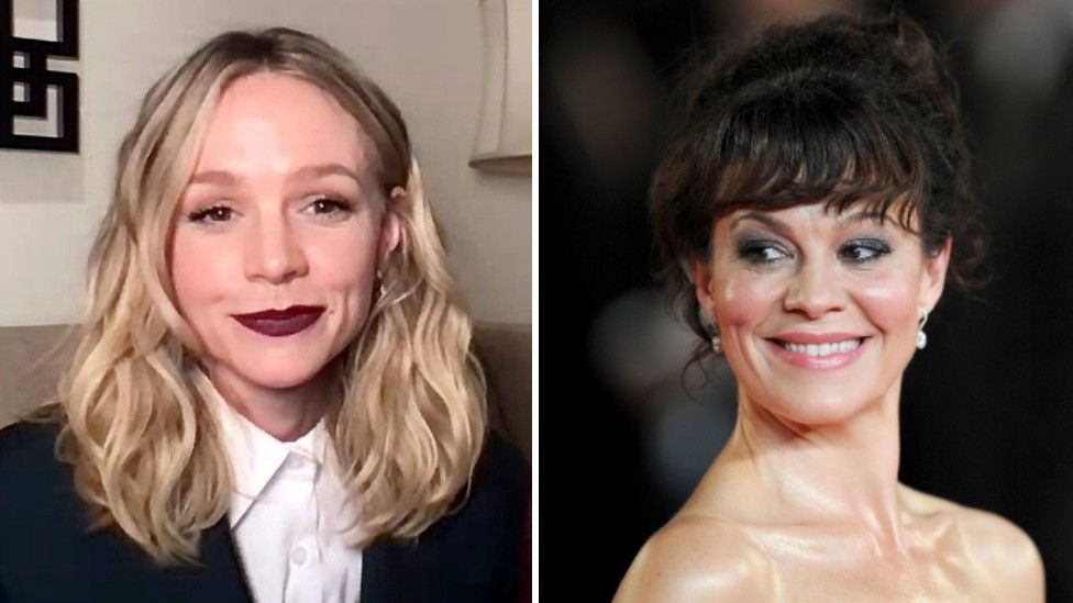 Carey Mulligan on screen at the Independent Spirit Awards (left) and Helen McCrory