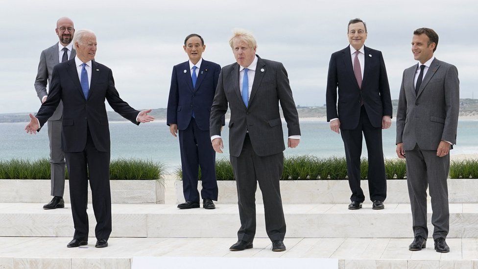 Image shows Boris Johnson at Cornwall