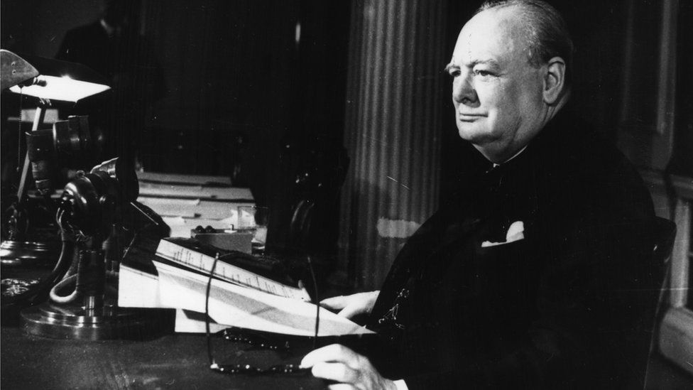 Prime Minister Winston Churchill makes his VE Day broadcast in May 1945