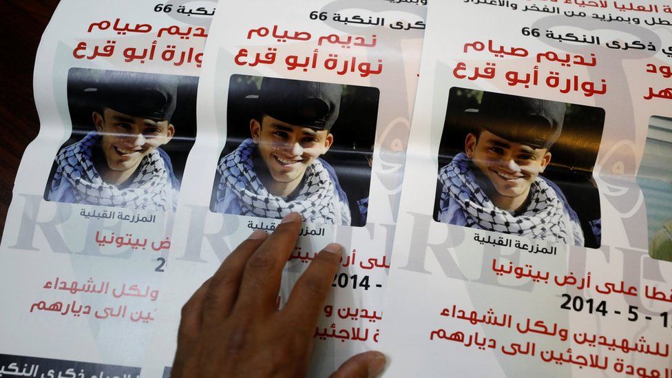 Posters showing 17-year-old Palestinian Nadim Nuwara, who was killed during a protest in 2014