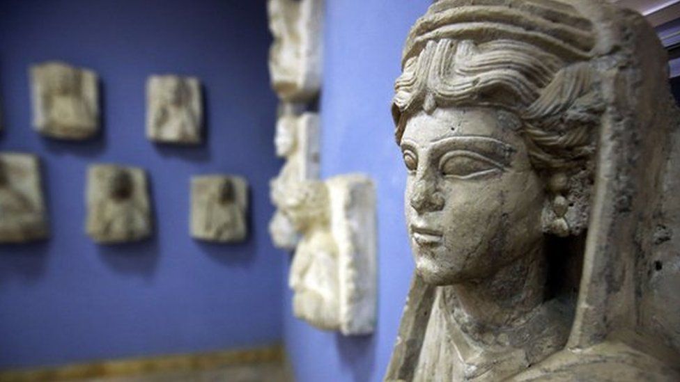 A sculpture found in the ancient Syrian oasis city of Palmyra, displayed at the city's museum (March 2014)