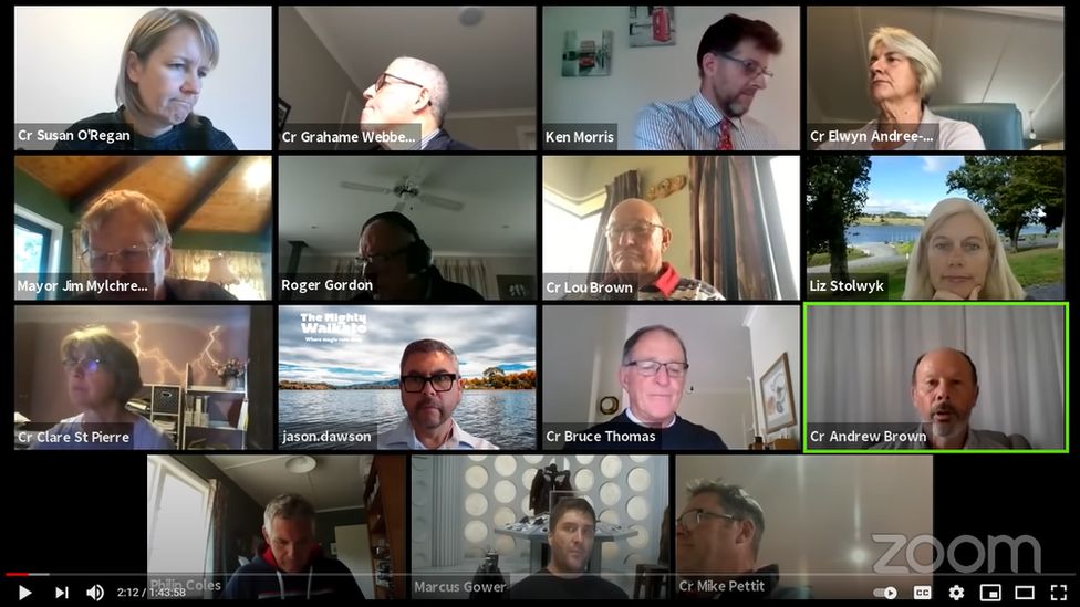 Members of Waipa District Council's finance and corporate committee participate in a Zoom meeting in April 2020, New Zealand