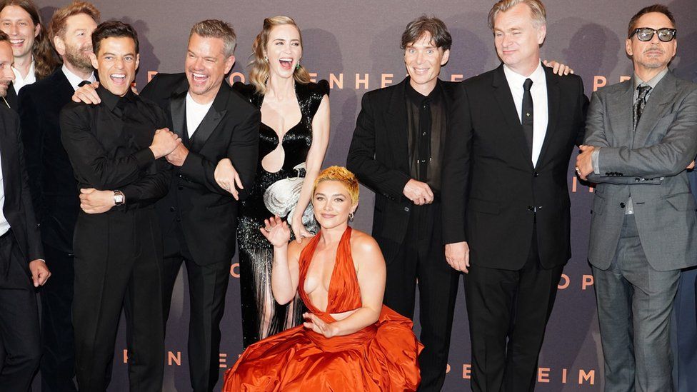 Rami Malek, Matt Damon, Emily Blunt, Florence Pugh, Cillian Murphy, Christopher Nolan, and Robert Downey Jr, attend the UK premiere of Oppenheimer, at the Odeon Luxe, Leicester Square in London.