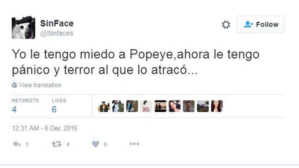 Tweet reading: "I'm afraid of Popeye, now I'm in terror and panic of the one who robbed him"