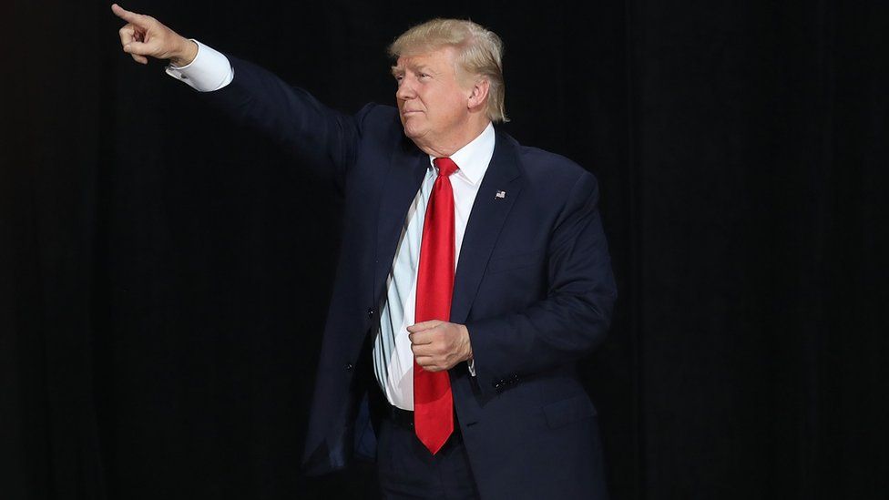 Donald Trump - speaking before an audience with his hand in the air