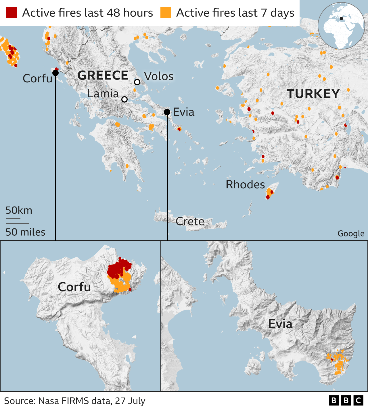 Greece fires in maps and satellite images show extent of damage BBC News