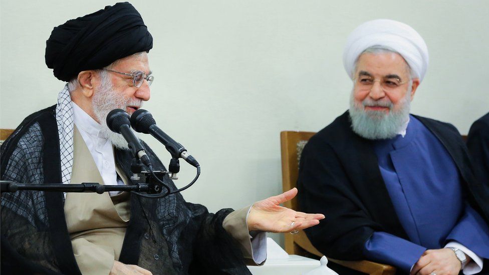 Iran supreme leader Khamenei (L) and president rouhani (L)