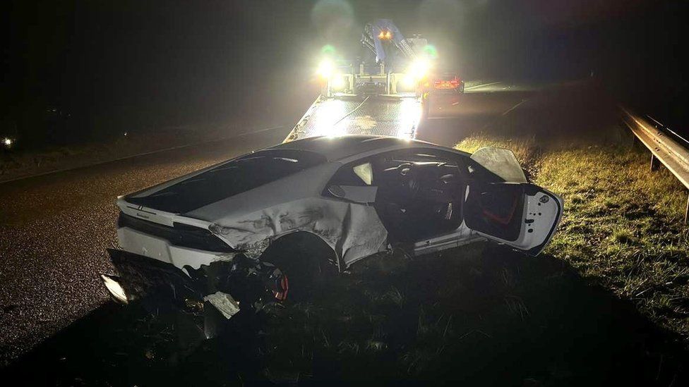 The wreck of a Lamborghini sports car