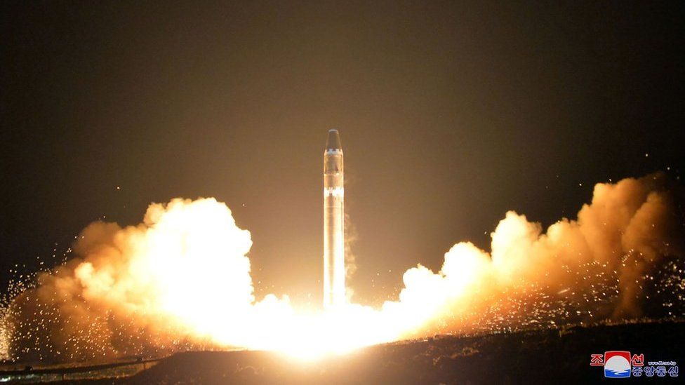 This photo taken on 29 November 2017 and released on November 30, 2017 by North Korea's official Korean Central News Agency (KCNA) shows launching of the Hwasong-15 missile which is capable of reaching all parts of the US.