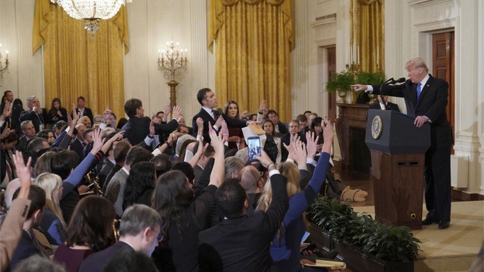 President Trump points at CNN's Jim Acosta during a media briefing in 2018