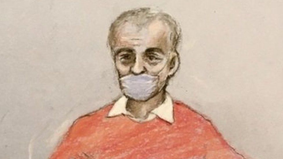 Court artist sketch by Elizabeth Cook of Barry Bennell appearing via video link before Michael Kent QC