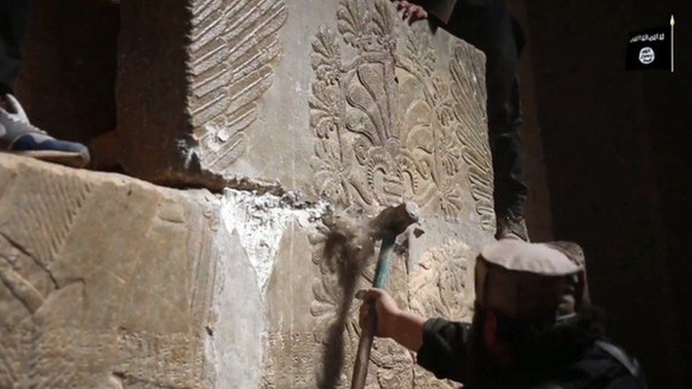 Still from IS video, showing destruction at the ancient site of Nimrud