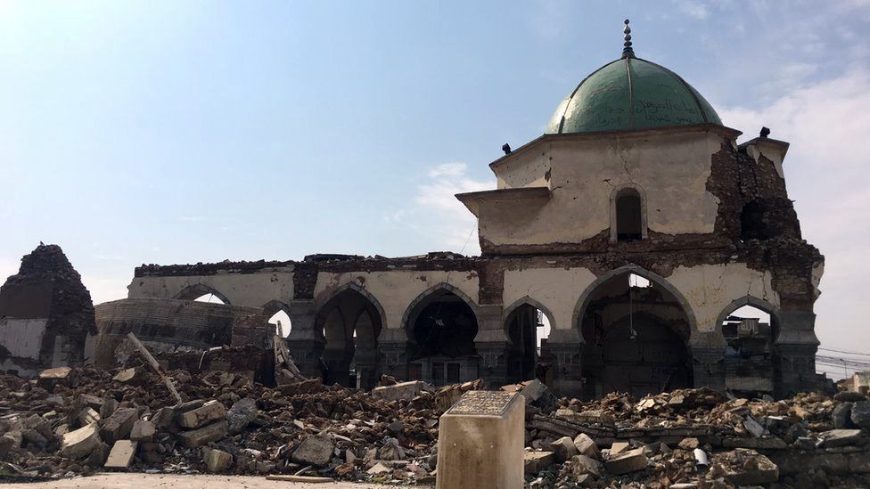 Remains of the destroyed Great Mosque of al-Nuri in Mosul