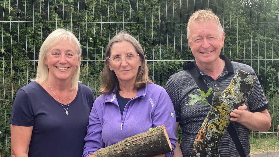 Amanda Garratty, Deb Gibbons, Tony Garratty holding pieces of the oak tree