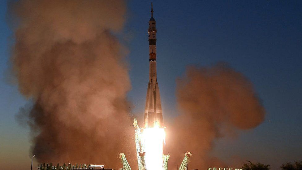 The Soyuz MS-22 spacecraft carrying the crew of Russian cosmonauts Sergey Prokopyev and Dmitri Petelin and NASA astronaut Frank Rubio blasts off to the International Space Station (ISS) from the Moscow-leased Baikonur cosmodrome in Kazakhstan on September 21, 2022.