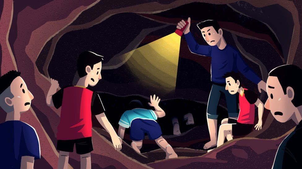 Ilustração dos meninos dentro da caverna