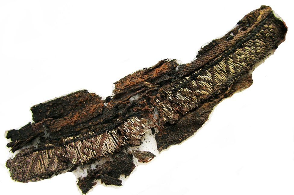 One of the excavated fragments made from fine silk and silver thread discovered at the two Swedish sites, Birka and Gamla Uppsala.