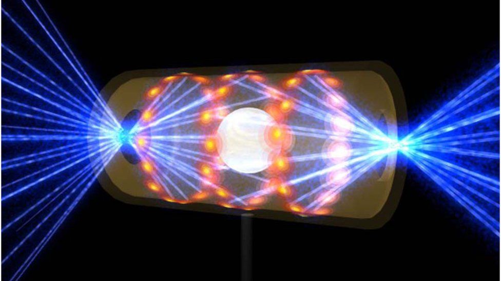 Artwork showing a pellet of hydrogen fuel inside a container called the hohlraum