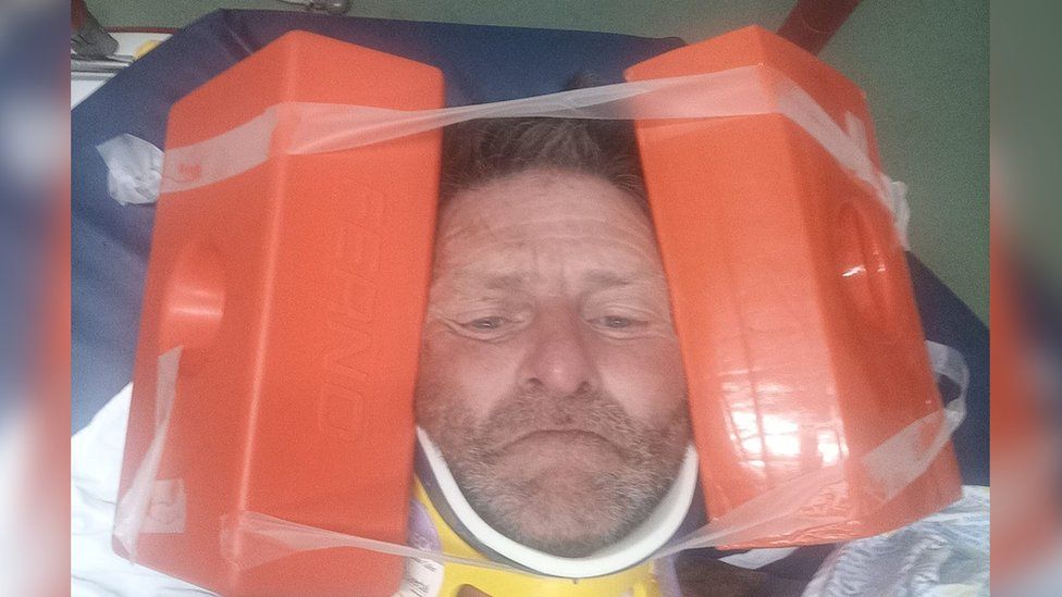 Jim in hospital after his cliff fall in Scotland
