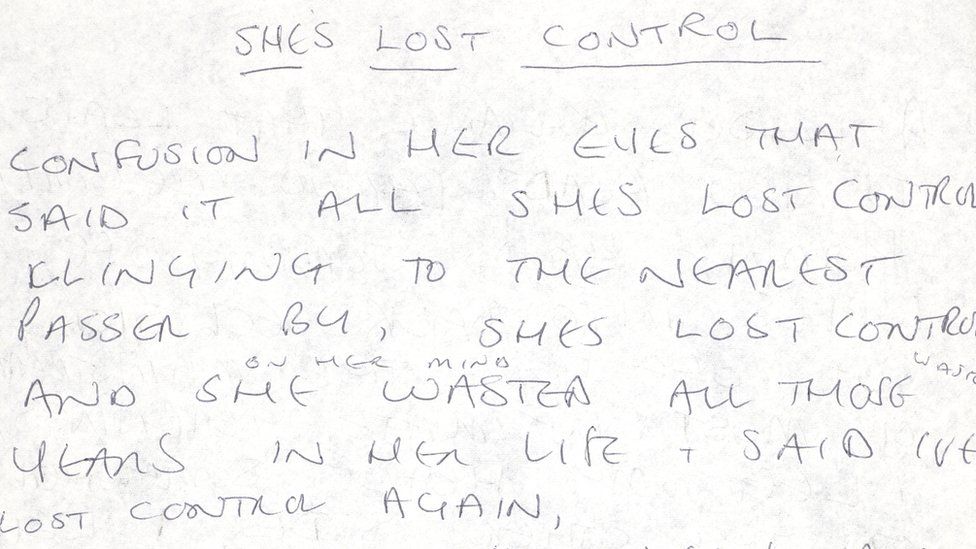Ian Curtis's handwritten lyrics for Joy Division's She's Lost Control