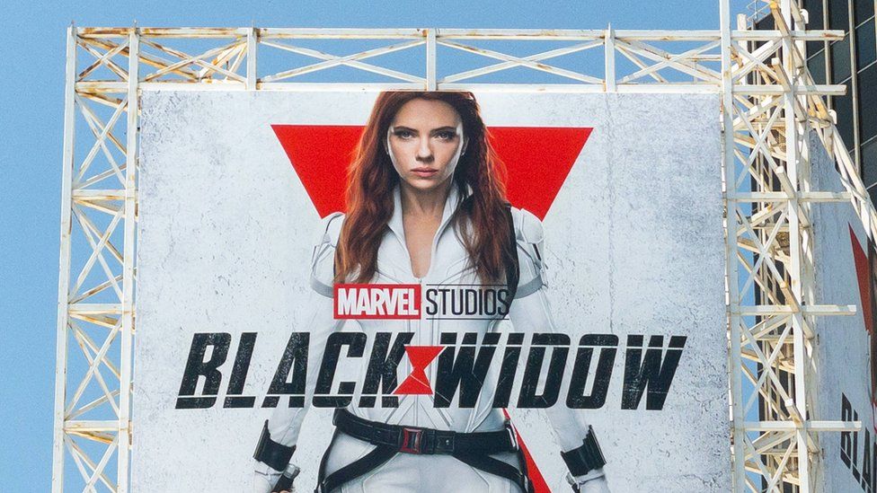 View of a billboard above the El Capitan Entertainment Centre promoting Marvel Studios' 'Black Widow' on June 22, 2021 in Hollywood, California