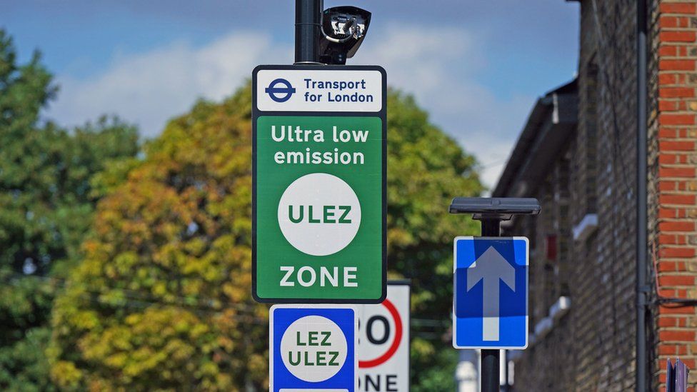 An information sign for the Ultra Low Emission Zone (Ulez) on Brownhill Road in Lewisham