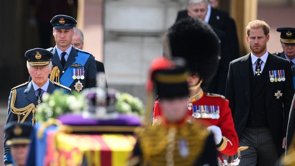 King Charles III, the Prince of Wales and the Duke of Sussex follow the coffin of Queen Elizabeth II