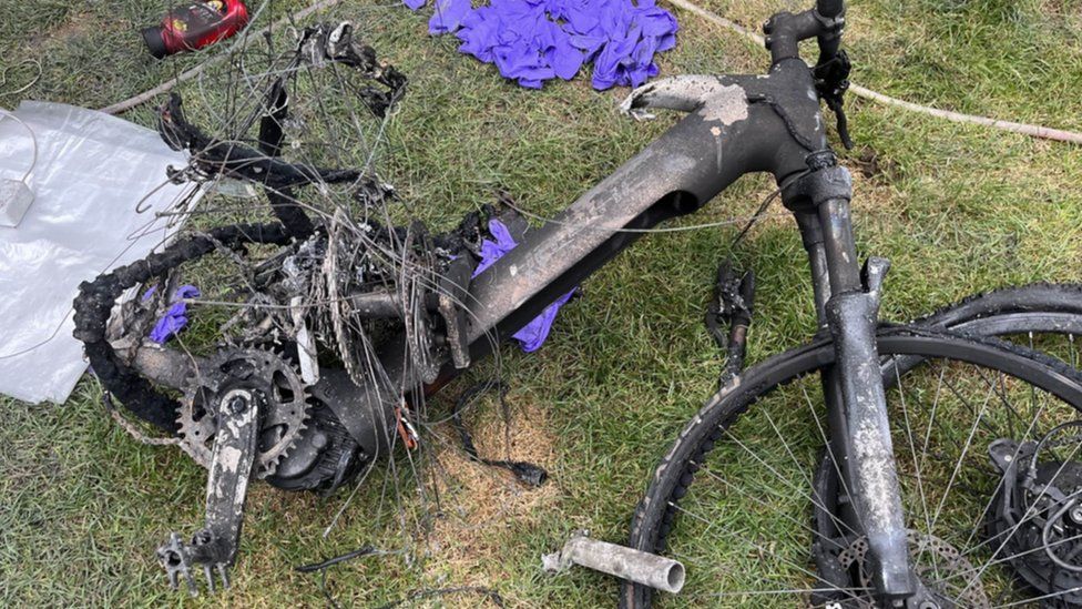 A fire damaged e-bike