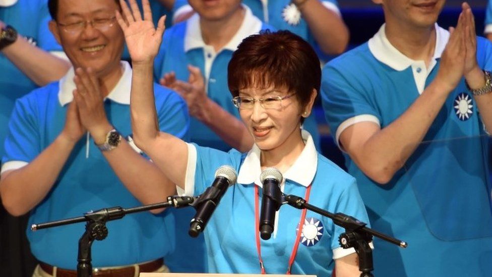 Hung Hsiu-chu, Taiwan presidential candidate from the ruling Kuomintang (KMT), waves during the party congress in Taipei on 19 July