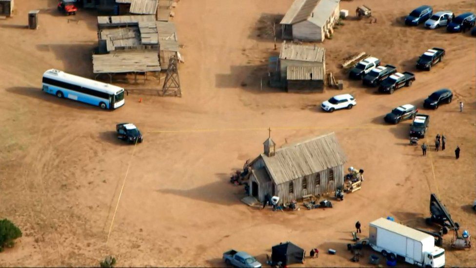 An aerial view of the film set in Bonanza Creek Ranch