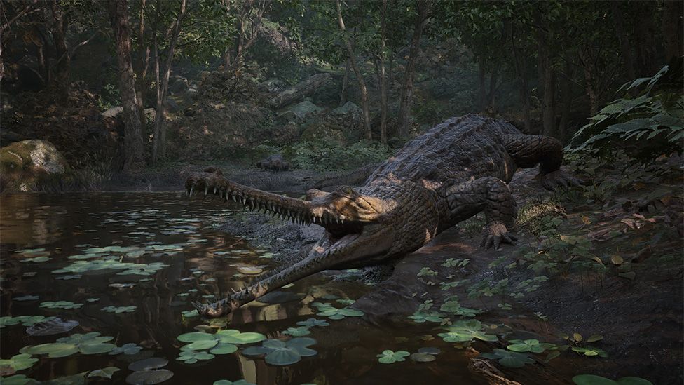 A shot from the Metal Gear Solid 3 remake showing a crocodile next to a jungle stream. Its jaws are wide open and rows of teeth clearly visible. The surface of the stream is littered with lily pads, and the surrounding area is filled with trees and green, verdant overgrowth