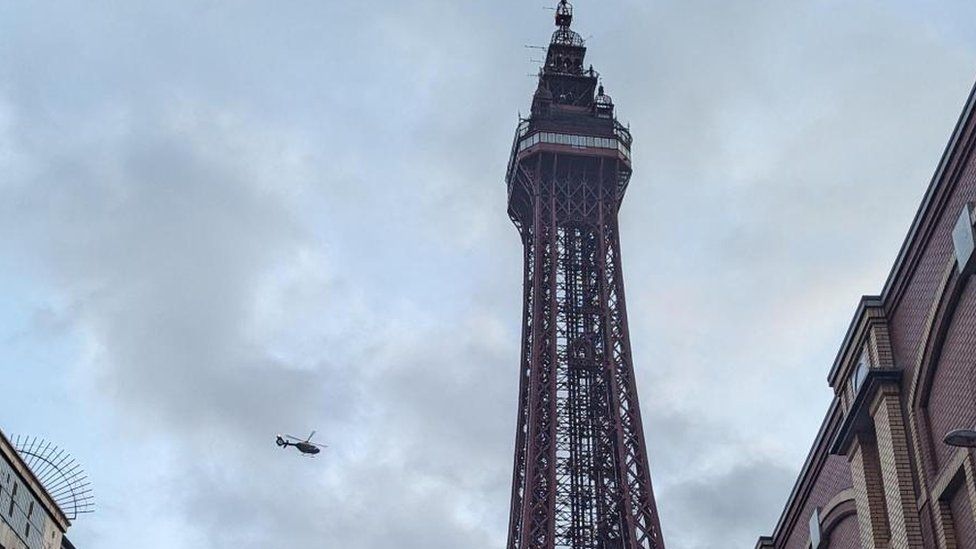 A police helicopter at Blackpool Tower