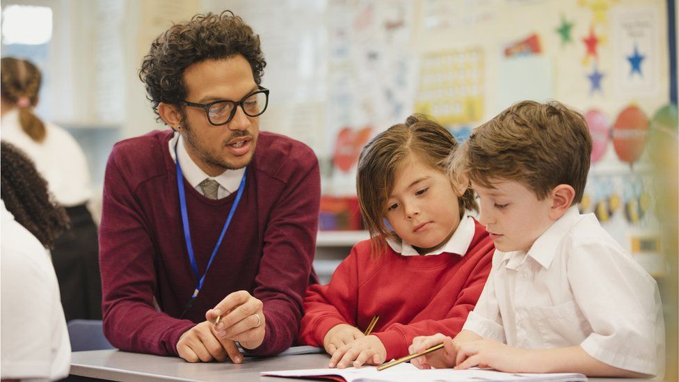 A teacher with primary school children