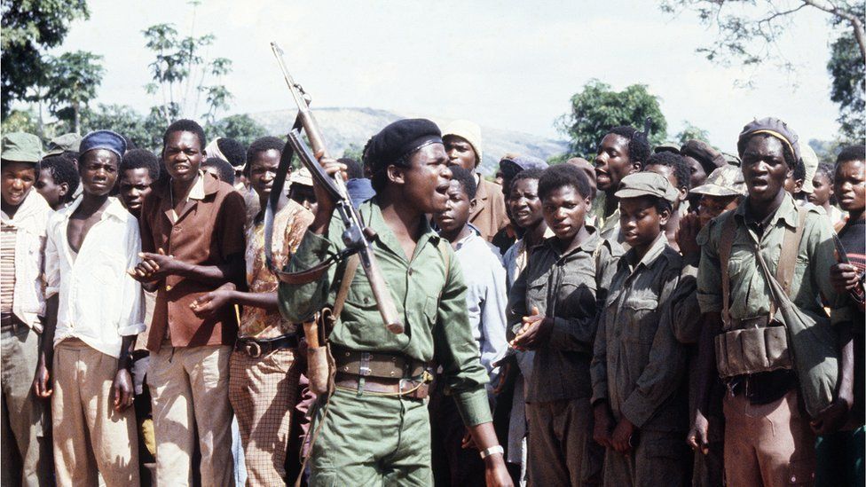 A picture taken on February 6, 1980 shows members of the black nationalist guerrillas of the Zimbabwean African Liberation Army (Zala), led by Robert Mugabe, staging a rally in an unknown place in Zimbabwe.